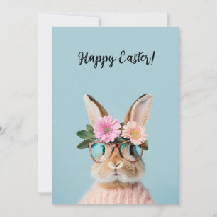 Tarjeta Festiva lindo conejo hermoso con flores y gafas 