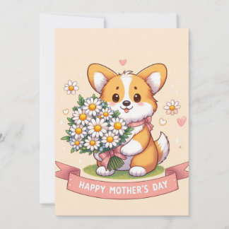 Tarjeta Festiva Lindo Corgi de Dibujos Animados con Margaritas Fel