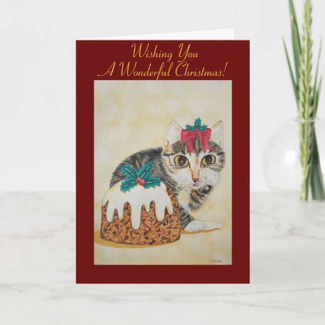 Tarjeta Festiva lindo gatito grisáceo lamiendo navidades de pata (Anverso)