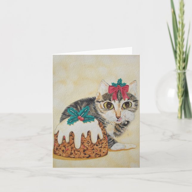 Tarjeta Festiva lindo gatito grisáceo lamiendo navidades de pata (Anverso)