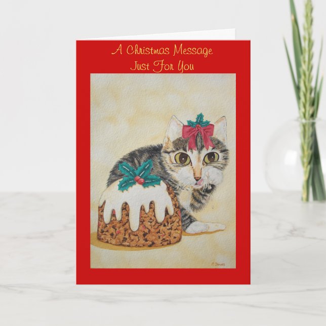 Tarjeta Festiva lindo gatito grisáceo lamiendo navidades de pata (Anverso)
