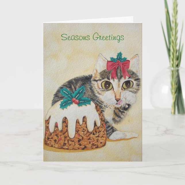 Tarjeta Festiva lindo gatito grisáceo lamiendo navidades de pata (Anverso)