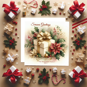 Tarjeta Festiva Lindo lazo dorado Coquette Poinsettia