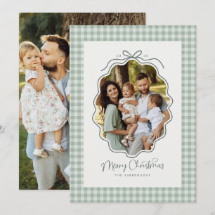 Tarjeta Festiva Lindo lazo verde grisáceo retro ondulado gingham p