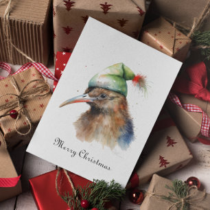 Tarjeta Festiva Lindo pájaro Kiwi con sombrero de duende de Navida