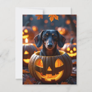 Tarjeta Festiva Lindo perro Dachshund de Halloween dentro de una c