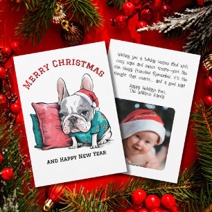 Tarjeta Festiva lindo perro Frenchie de mascota, sombrero de Santa