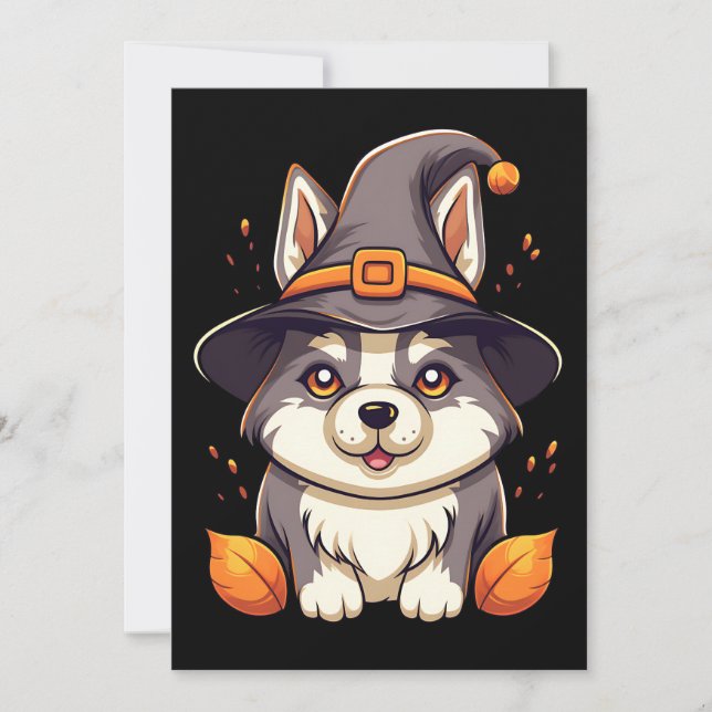 Tarjeta Festiva Lindo perro Husky con el sombrero de una bruja  Ha (Anverso)