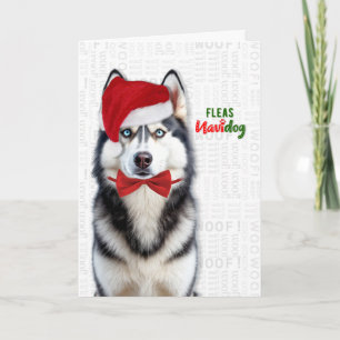 Tarjeta Festiva Lindo perro Husky divertidas pulgas Navidog Navida