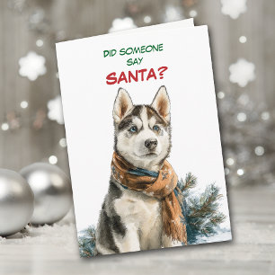 Tarjeta Festiva Lindo perro Husky Siberiano busca a Santa