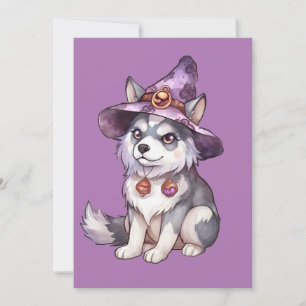 Tarjeta Festiva Lindo perro Husky Siberiano con sombrero de bruja