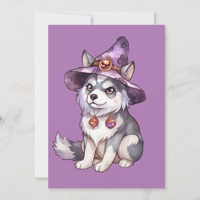Tarjeta Festiva Lindo perro Husky Siberiano con sombrero de bruja (Anverso)
