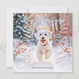 Tarjeta Festiva Lindo perro Sealyham Terrier en la nieve Feliz Nav