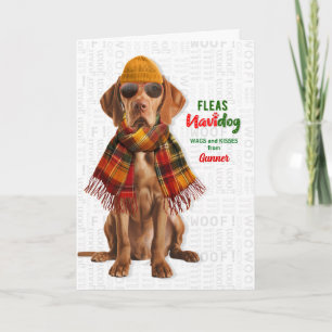 Tarjeta Festiva Lindo perro Vizsla Divertidas pulgas Navidog con n
