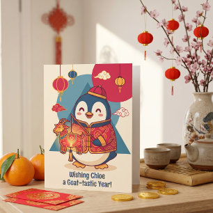 Tarjeta Festiva Lindo pingüino celebrando el Año Nuevo Lunar Tra