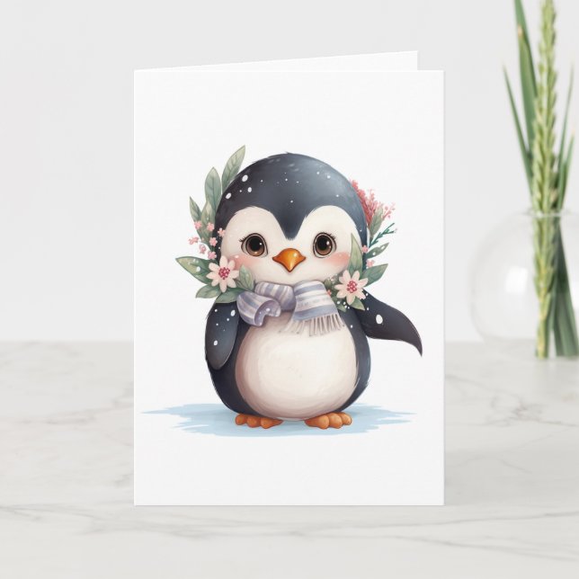 Tarjeta Festiva Lindo pingüino con bufanda y acebo EN BLANCO  (Anverso)