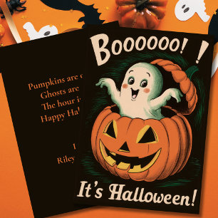Tarjeta Festiva Lindo Pumpkin Vintage y Fantasma Boo Es Halloween
