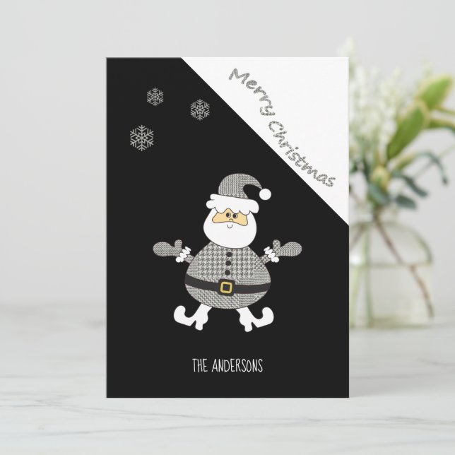Tarjeta Festiva Lindo Santa con lunares de cuadros modernos y copo (Anverso de pie)