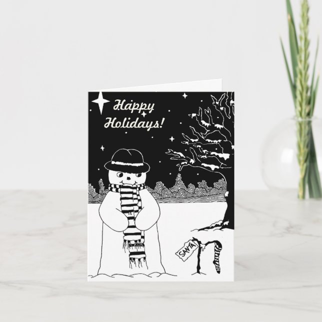 Tarjeta Festiva lindo snowman sonriendo escena de nieve para navid (Anverso)