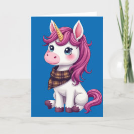 Tarjeta Festiva Lindo Unicornio Rosa con Bufanda Escocesa a Cuadro