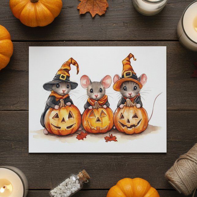 Tarjeta Festiva Lindos ratoncitos de acuarela Calabazas de Hallowe (Subido por el creador)