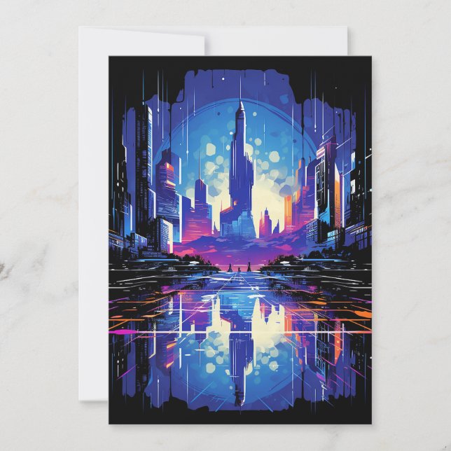 Tarjeta Festiva Línea aérea futurista de Cyberpunk City (Anverso)