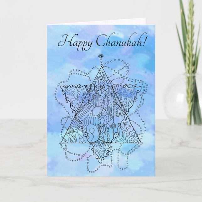 Tarjeta Festiva Línea de arte en azul para Chanukah / Hanukkah (Anverso)