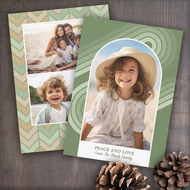 Tarjeta Festiva Línea de curvas de arco moderno Boho y foto geomét (Soft, retro pastel holiday card with boho stripes and 3 photos.)