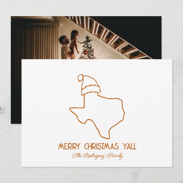 Tarjeta Festiva Línea Naranja quemada Art Santa Texas (Anverso / Reverso)