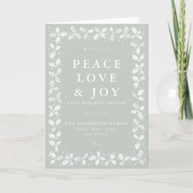 Tarjeta Festiva Lino verde gris imprime Holly Peace Love & Joy (Anverso)