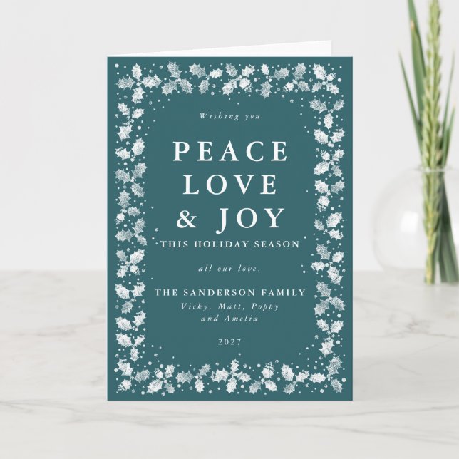 Tarjeta Festiva Lino verde impreso Holly Peace Love & Joy (Anverso)