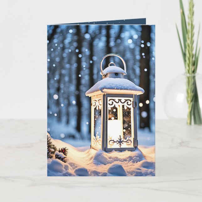 Tarjeta Festiva Linterna brillante en copos de nieve (Anverso)
