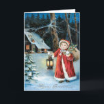 Tarjeta Festiva Linterna de niña linda Holly Winter Cottage<br><div class="desc">Es hora de celebrar las fiestas. Esta impresión vintage de Navidad representa a una niña pequeña que lleva acebo,  una linterna y una bolsa de golosinas. Un cottage de invierno en el fondo.</div>