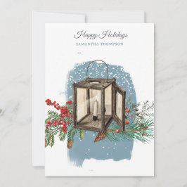 Tarjeta Festiva Linterna de pino de nieve de invierno azul moderno