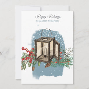 Tarjeta Festiva Linterna de pino de nieve de invierno azul moderno