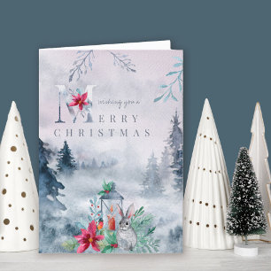Tarjeta Festiva Linterna de velas con bosque invernal brumoso acua