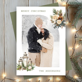 Tarjeta Festiva Linterna de velas florales de invierno Foto Feliz 