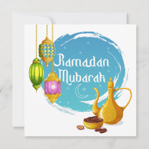 Tarjeta Festiva Linternas Coloridas de Ramadan Mubarak, Dátiles y 