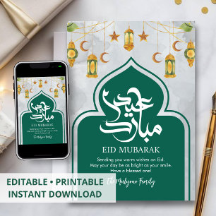 Tarjeta Festiva Linternas de agua verde y dorado tradicionales Eid