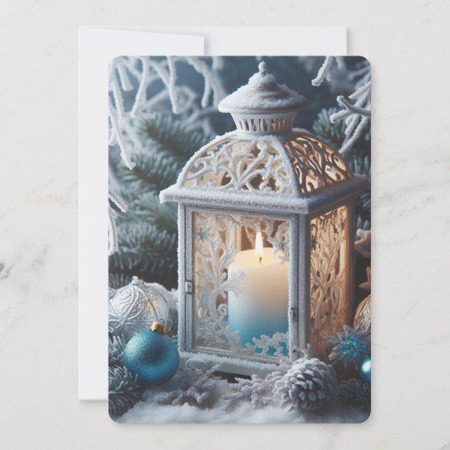 Tarjeta Festiva Linternas de escarcha azul y blanca de invierno (Anverso)