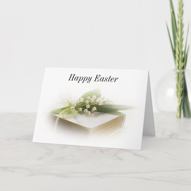 Tarjeta Festiva lirio del valle con biblia Feliz Pascua (Anverso)