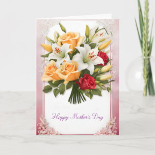 Tarjeta Festiva Lirios Blancos y Rosas Hermosas Día de la Madre