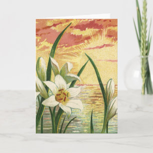 Tarjeta Festiva Lirios de Pascua antiguos al amanecer y ángeles vi