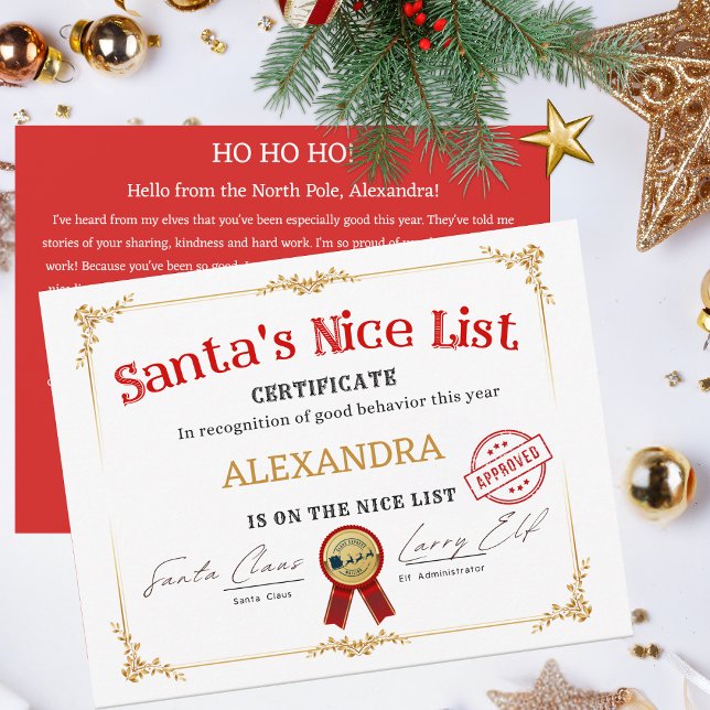 Tarjeta Festiva Lista de Niños Buenos de Santa Certificado de Navi (This custom Santa's Nice List Certificate & note will be a magical addition to any child's holiday!)