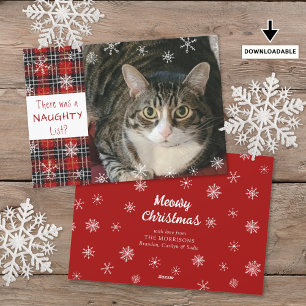 Tarjeta Festiva Lista traviesa de gato Plaid Copo de nieve Saludo 