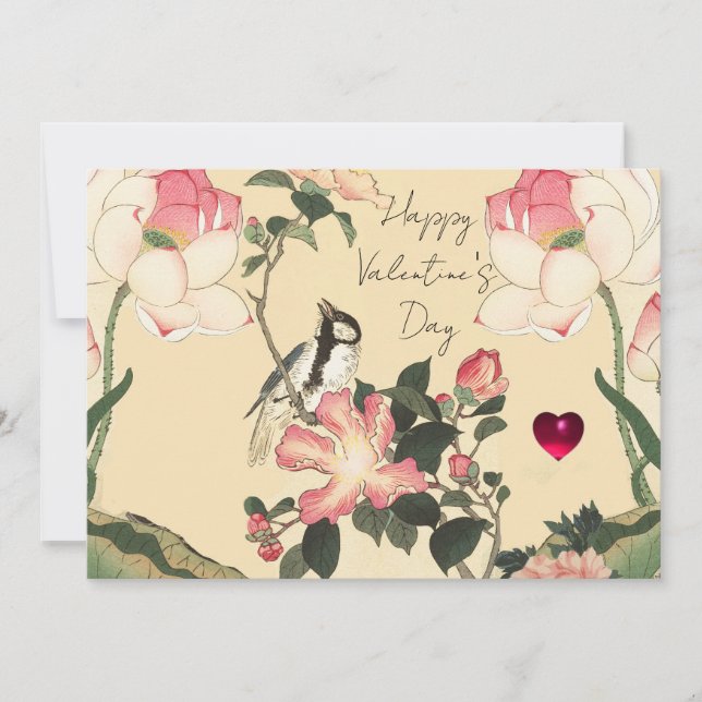 Tarjeta Festiva LITTLE BIRD,PINK ROSES,LOTUS FLOWER Valentine Day (Anverso)