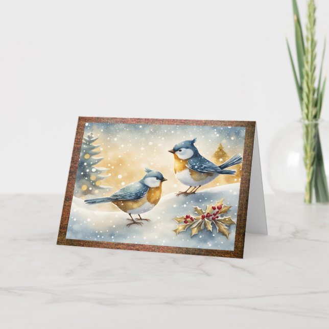Tarjeta Festiva Little Birds and Holly Christmas (Anverso)