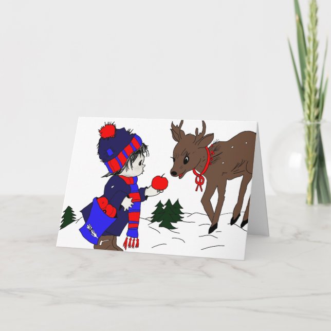 Tarjeta Festiva Little Boy y reno (Anverso)