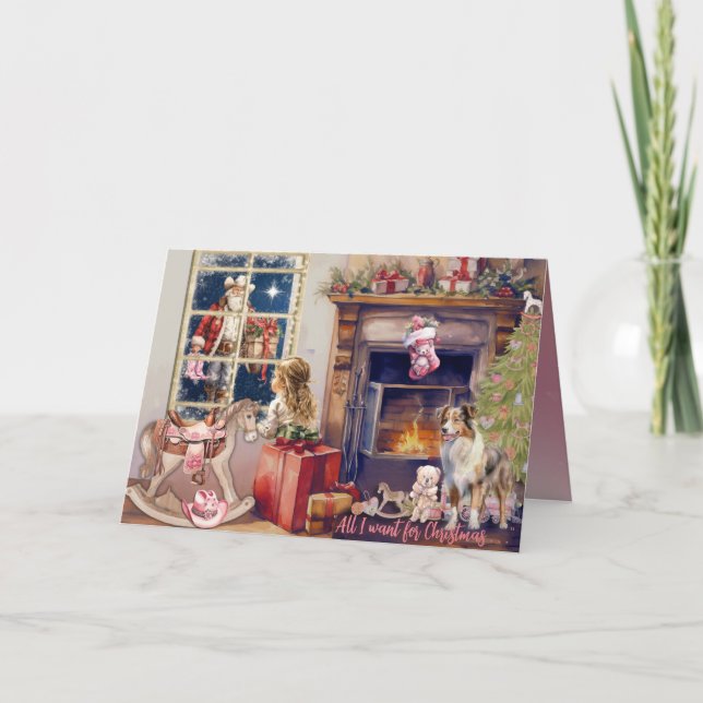 Tarjeta Festiva Little Girl, Pink Cowboy Boots for Christmas Card (Anverso)