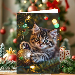 Tarjeta Festiva Little Kitten on Christmas Tree Personalized